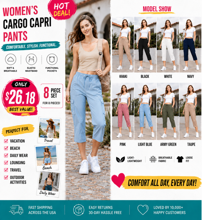 Women's Plus Size Cargo Capri Pants – Lightweight Loose Fit Summer Pants💖