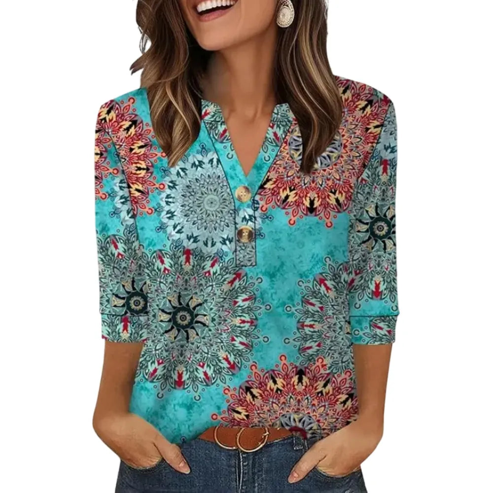 ✨  Women's 3/4 Sleeve Henley Blouses 🌷 Effortless Summer Chic You'll Love💖