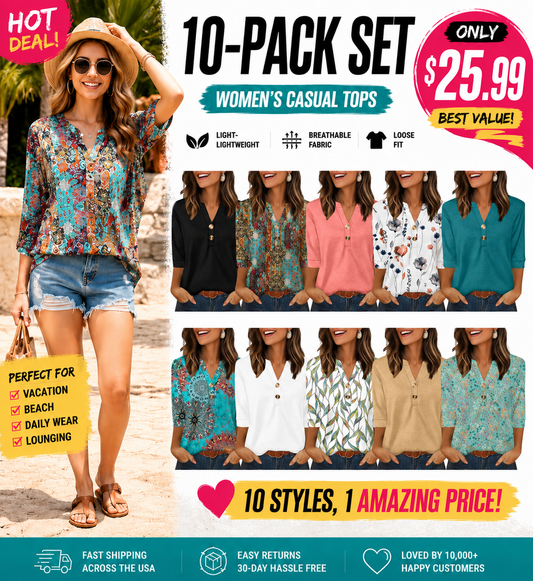 ✨  Women's 3/4 Sleeve Henley Blouses 🌷 Effortless Summer Chic You'll Love💖